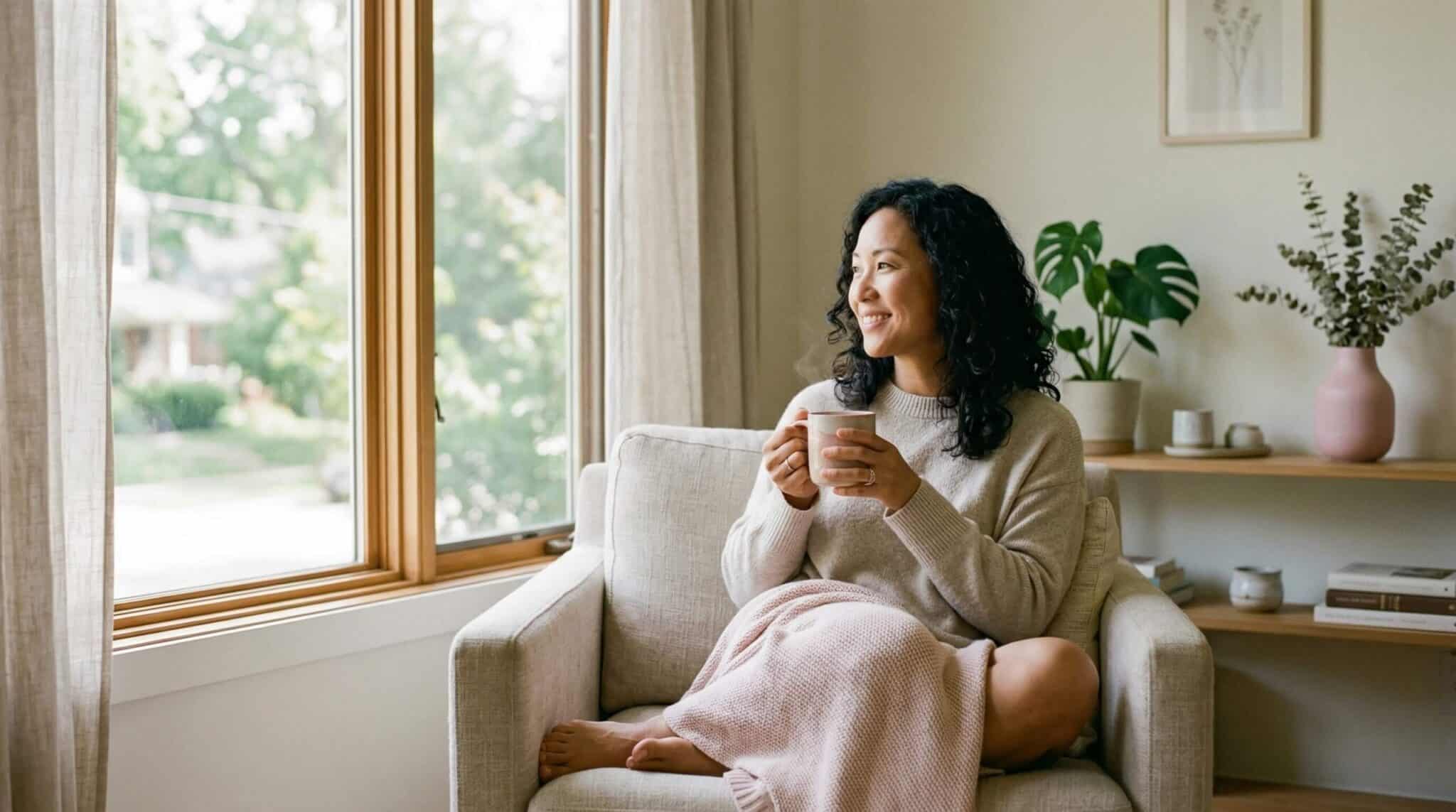happy woman holding a mug looking outside the window