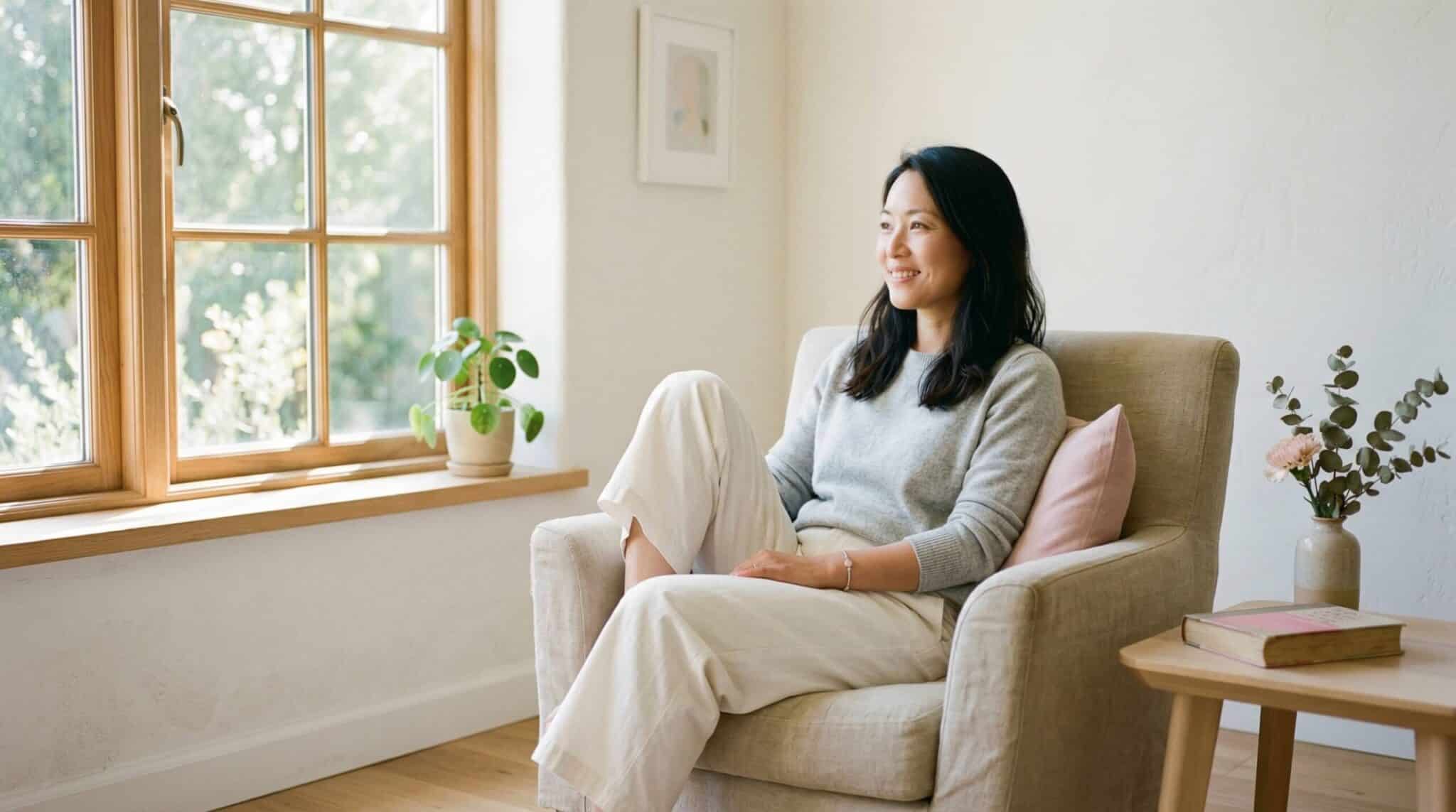 happy woman looking outside the window