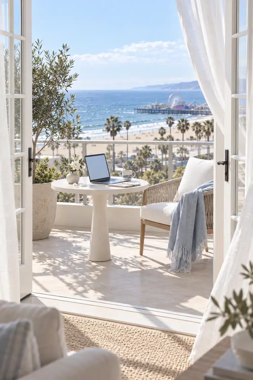 Balcony workspace overlooking Santa Monica beach, set up for a West Los Angeles telepsychiatry appointment