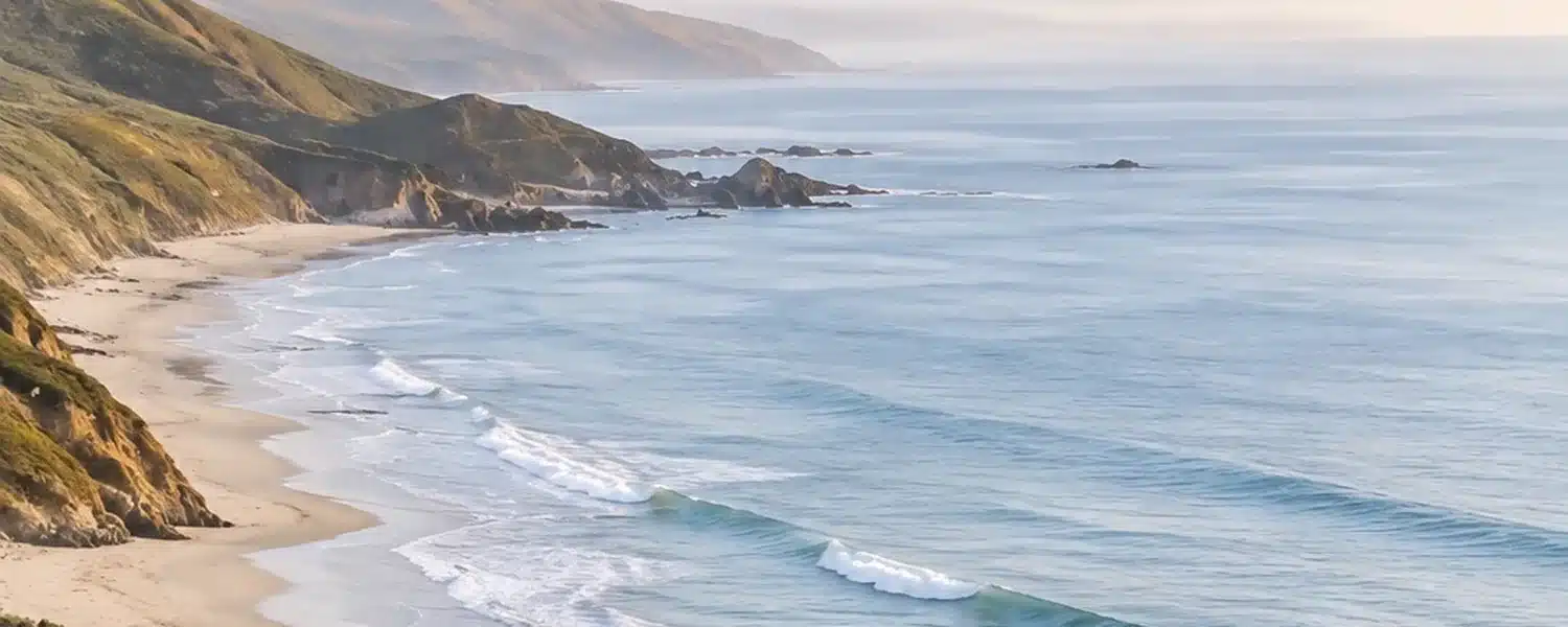 California coastline at golden hour, representing telepsychiatry available across the state