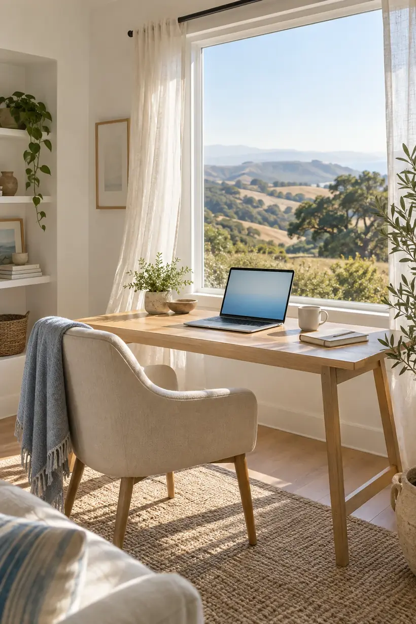 Home office with a laptop and a window looking out over California hills and coastline, set up for an online psychiatry appointment