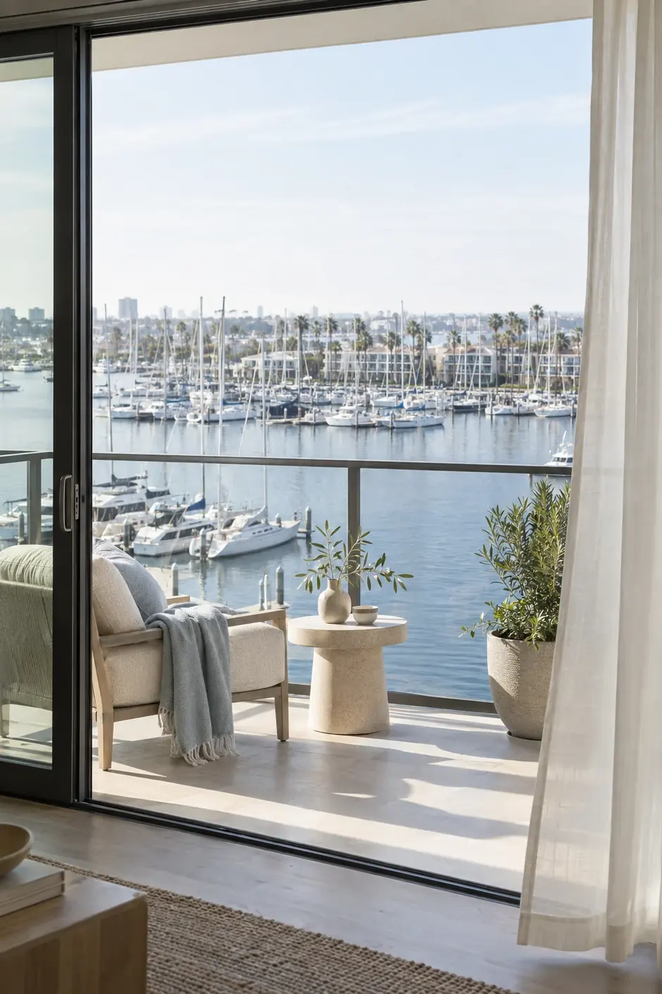 Balcony overlooking Marina del Rey harbor with sailboats