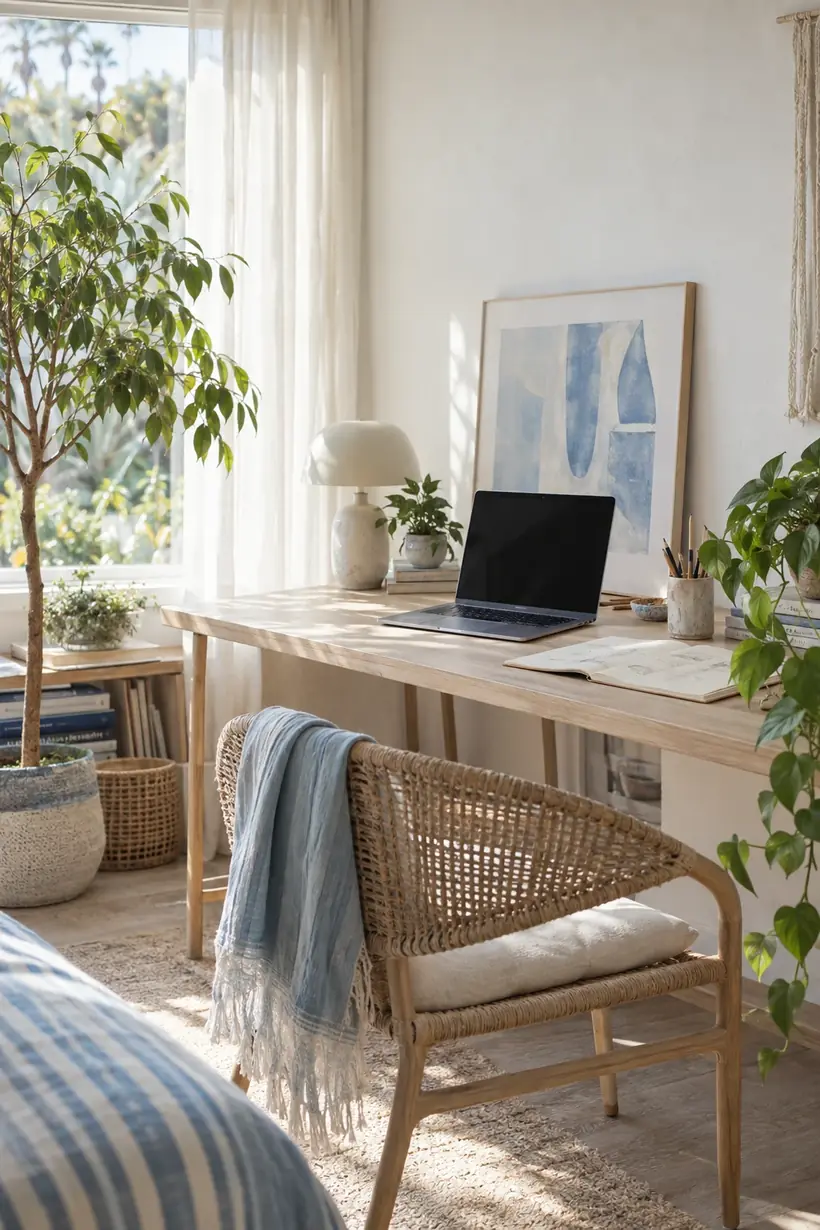 Home workspace with plants and light wood, set up for a Venice telepsychiatry appointment
