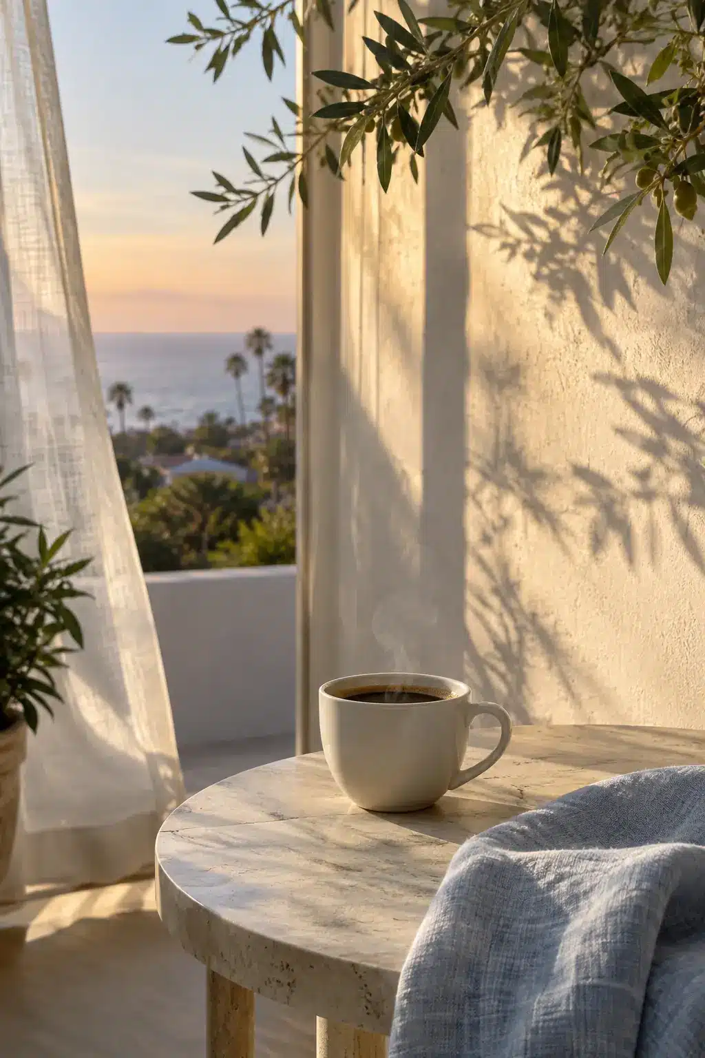 Telepsychiatric care in Los Angeles — peaceful coastal setting with a coffee cup and soft sunset light.