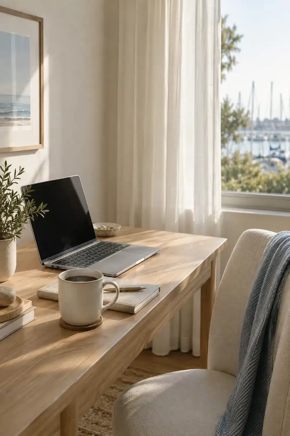 Home desk with a laptop and a coffee cup, marina sailboat masts through the window