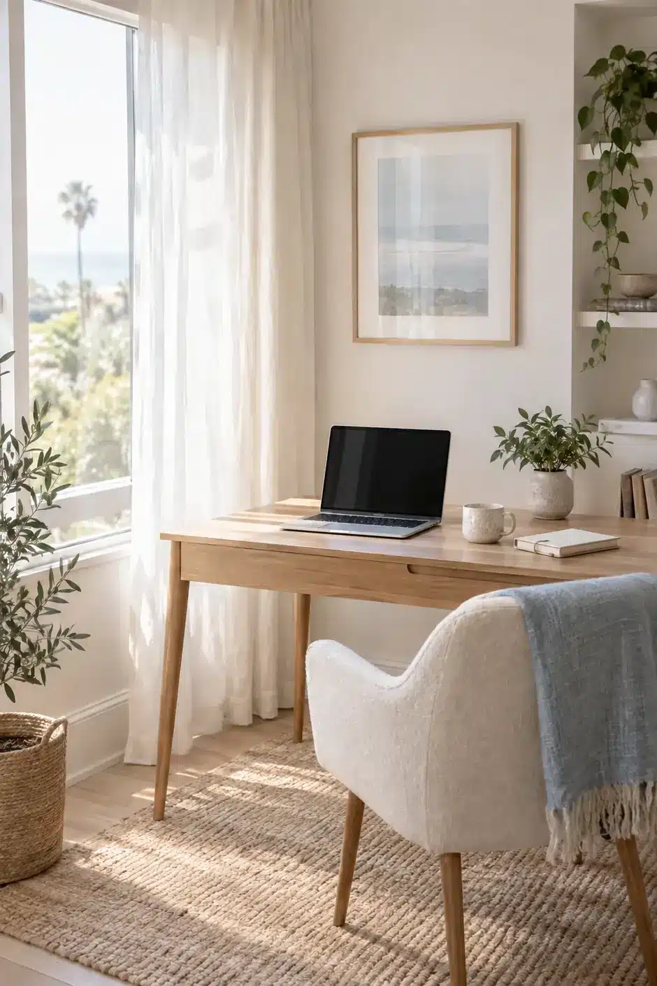 Sunlit home office with a laptop, set up for a Santa Monica telepsychiatry appointment