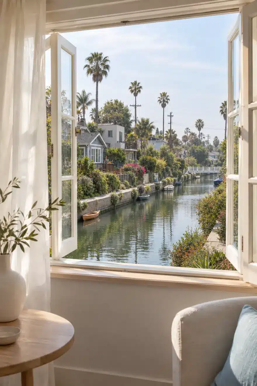 Open window looking onto a Venice canal with small boats and palm trees