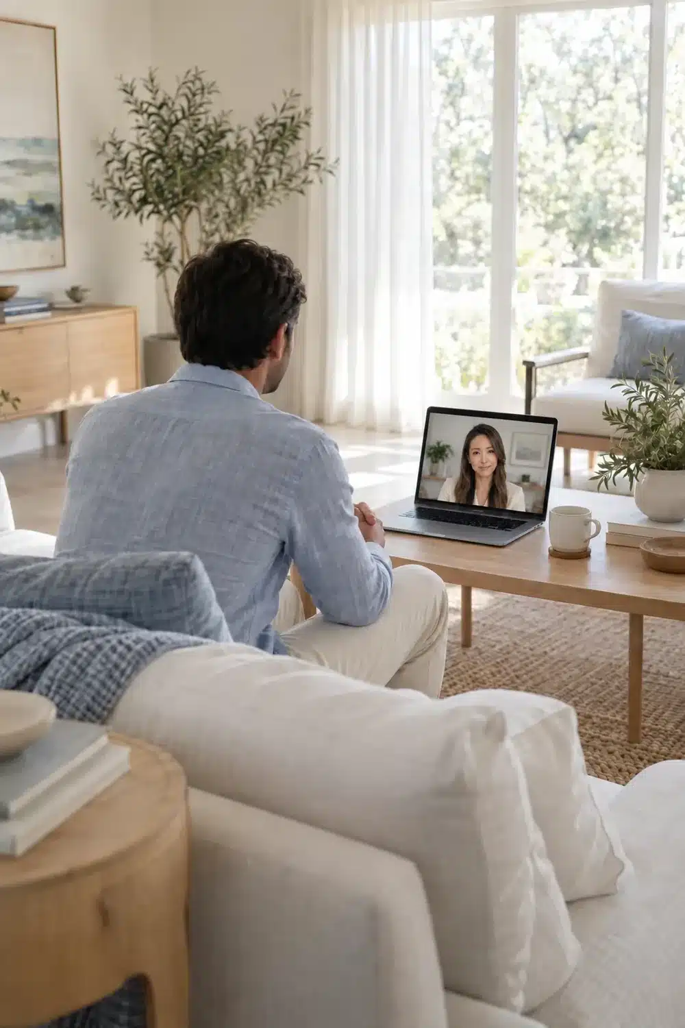 Patient on a sofa during a telepsychiatry video appointment, with the provider visible on the laptop screen