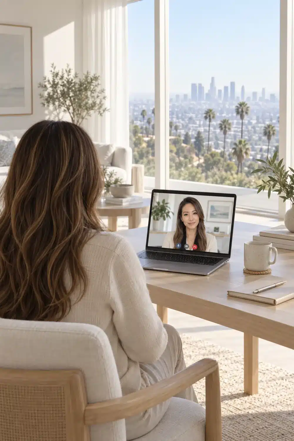 Patient in a telepsychiatry video appointment from home overlooking the Los Angeles skyline