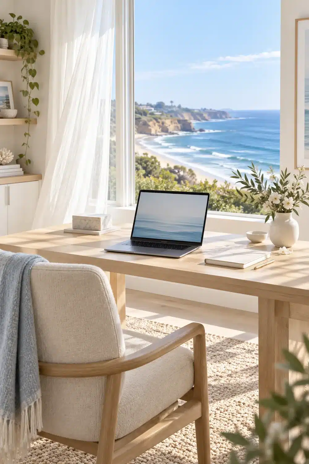 Home office set up for a virtual psychiatric evaluation, with a San Diego ocean view through the window